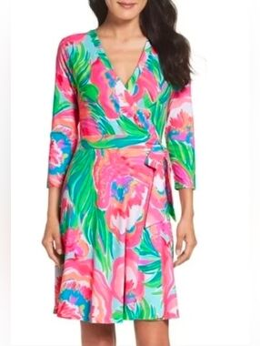 Lilly PULITZER Vibrant Pink and Green Wrap Dress LARGE